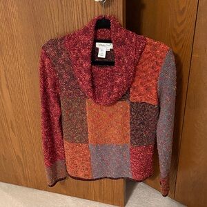 Coldwater Creek Patchwork Cowl Neck Sweater in Red & Orange Multi Size Small